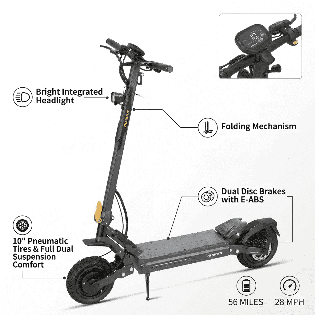 Ausom Gosoul 2 Foldable Electric Scooter for Adults, 800W Motor, Max 28MPH, 44Miles Long Range, 26Nm, City e-Scooter with 10''Tubeless Tire, UL 2271, Dark Gray