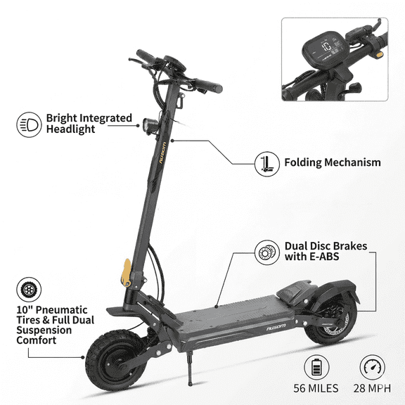 Ausom Gosoul 2 Electric Scooter for Urban Commute with Suspension, 28MPH 10"Tire Escooter with Headlight, Max 56 Miles, Dual Disc Brakes with E-ABS, Folding Adult Scooter