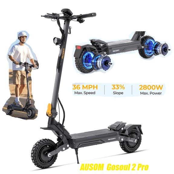Ausom Gosoul 2 Pro Dual Motor Electric Scooter for Adults, 2800W Peak Power, 20Mph High Speed&56 Mile Range, 33% Hill Climb, Foldable Scooter with NFC Unlock, 10'' Off-Road Tires Commuting E-Scooter