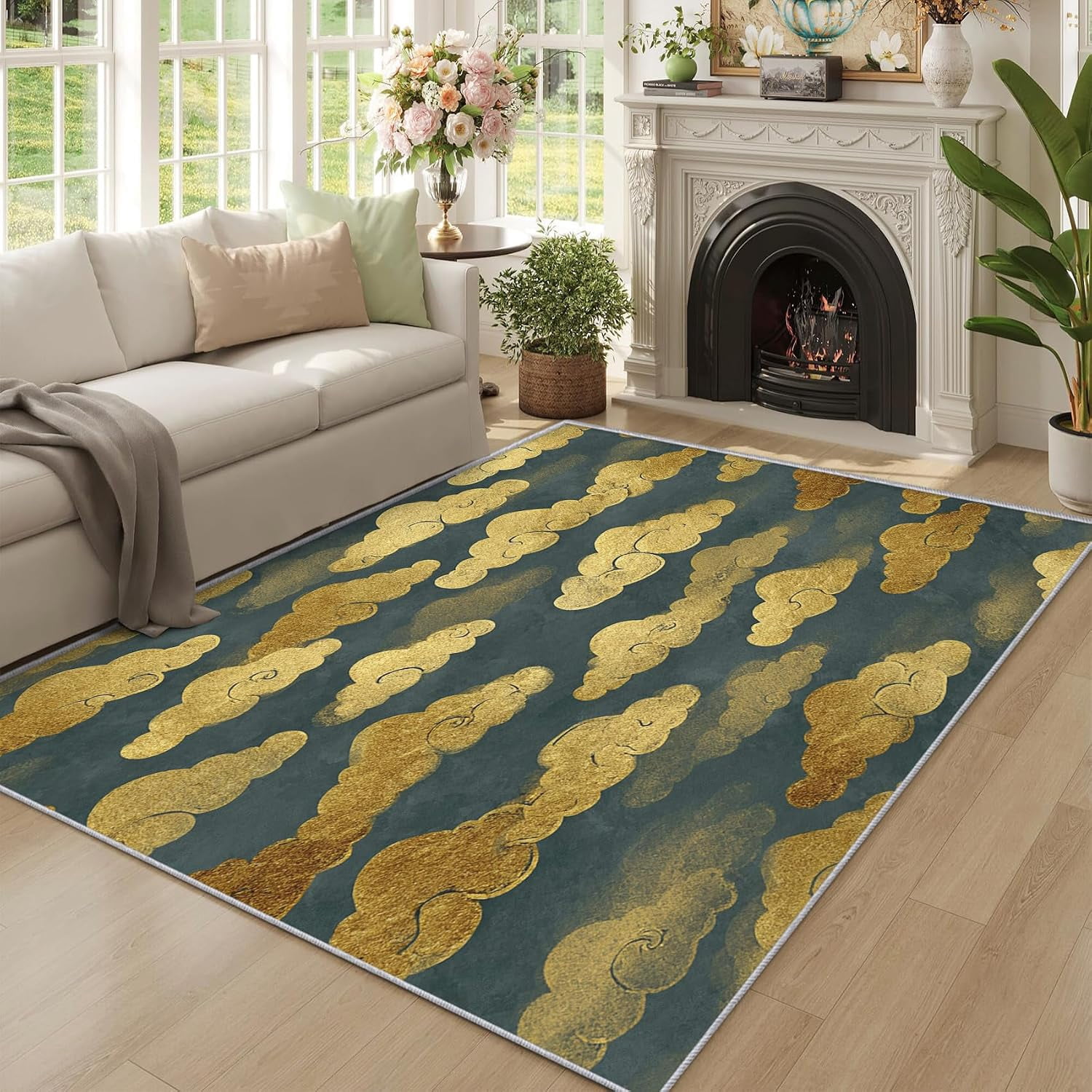 Japanese Looking Rug Auspicious Cloud Area Rugs, Japanese Oriental Asian Carpet, Washable ...