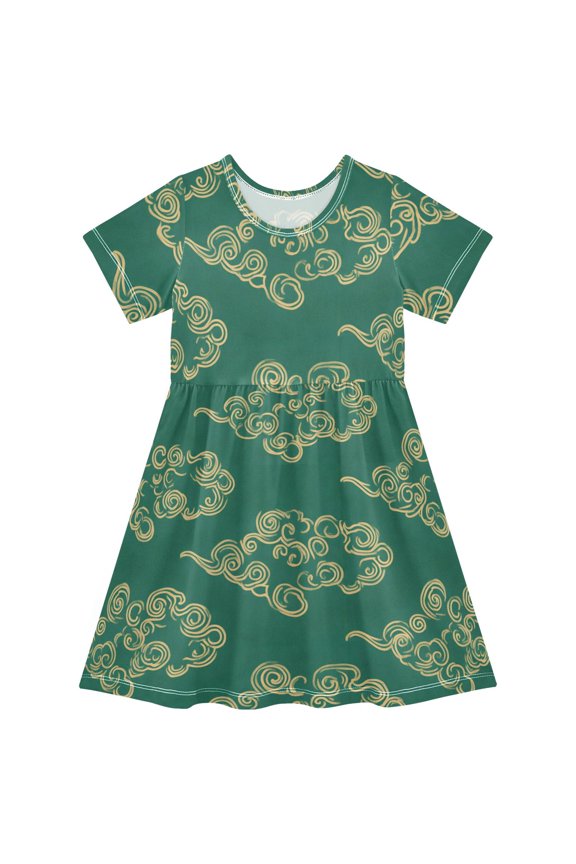 Auspicious Clouds Pattern Girls Short Sleeve Dress A Line Sun Protection Breathable Comfort Sundress 3T