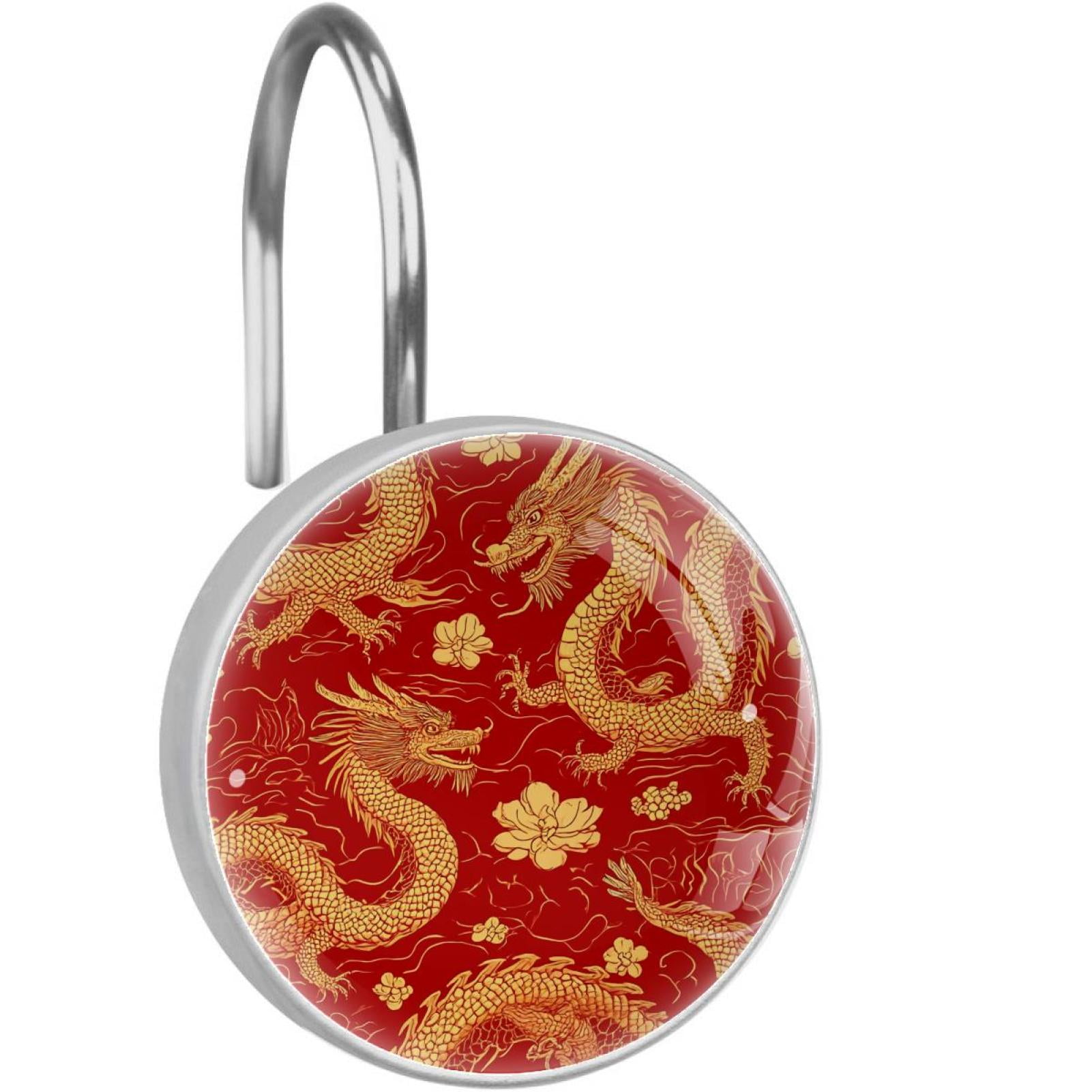 Auspicious Gold Dragon Flowers Shower Curtain Hooks Round Crystal Glass, Set of 12 Shower Curtain Rings - Shower Hooks for Curtain Shower Rings