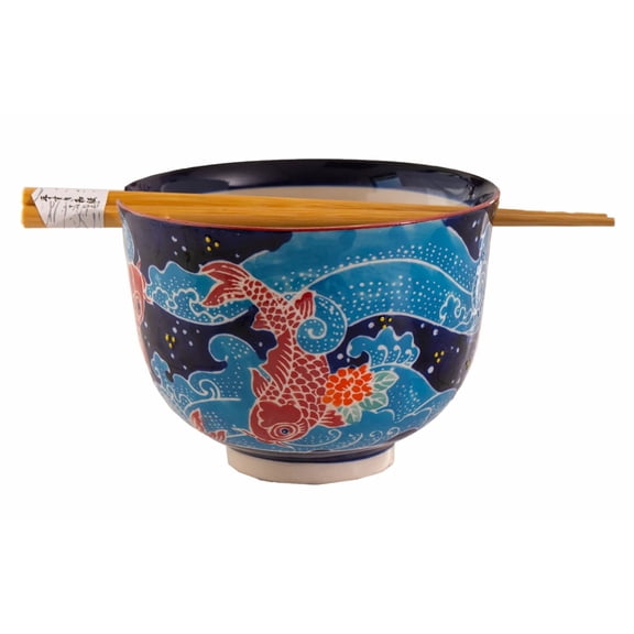 Auspicious Red Koi Fishes In Blue Waters Donburi Ramen Bowl With Chopsticks Set