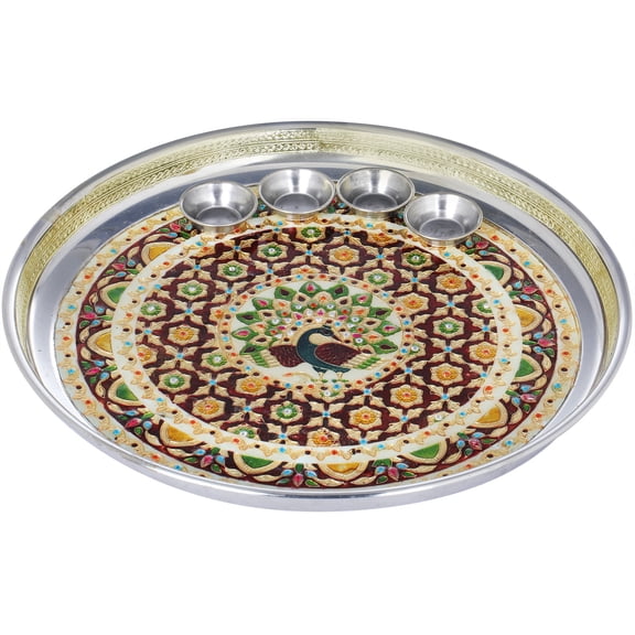 Peacock Puja Thali with Four Attached Bowls
