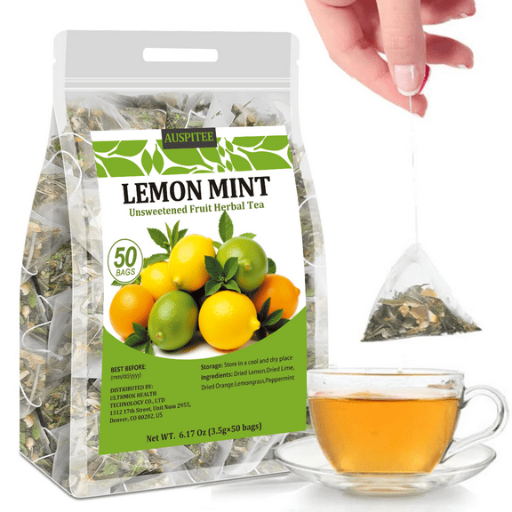 Auspitee Lemon Peppermint Tea Bags,50Bags(6.17Oz),Natural Dried Lemon Slices,Lime Pieces,Lemongrass And Peppermint Leaves,Herbal Tea