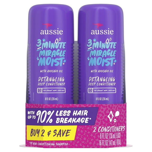 Aussie 3 Minute Miracle Moist Conditioner, Paraben Free, Twin Pk, 8.0 fl oz. for All Hair Types