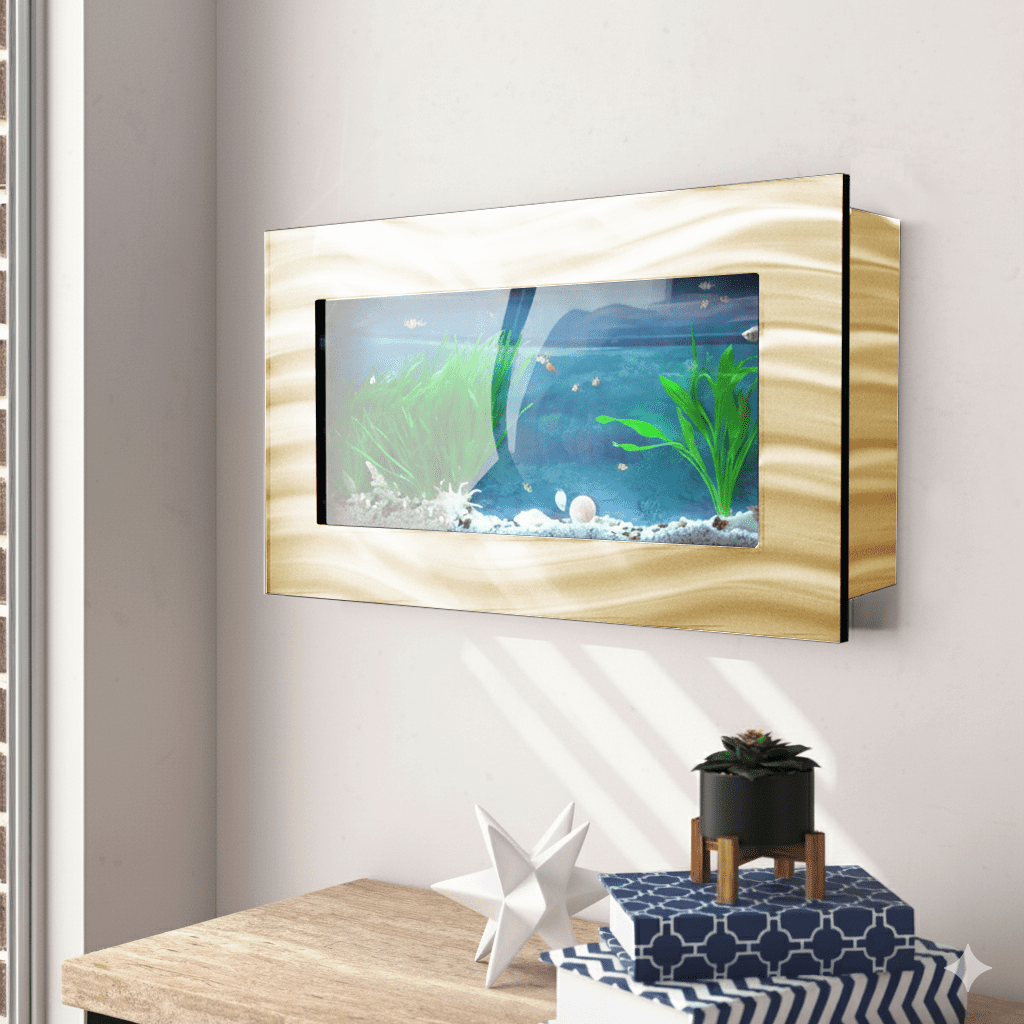 Aussie Aquariums 3.0 Modern Wall Mounted Fish Tank – Contemporary Aquatic Habitat and Living Art Display (Skyline, Gold)