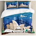thumbnail image 1 of Aussie Duvet Cover Set, Sidney Opera House and Bridge Cartoon Traveling Themed Illustration, Decorative 3 Piece Bedding Set with 2 Pillow Shams, Calking Size, Sea Blue and Multicolor, by Ambesonne, 1 of 3