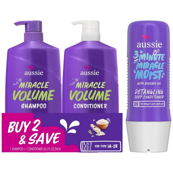 Aussie Miracle Volume Hair Care Bundle: Shampoo, Conditioner, and 3 Minute Deep Treatment