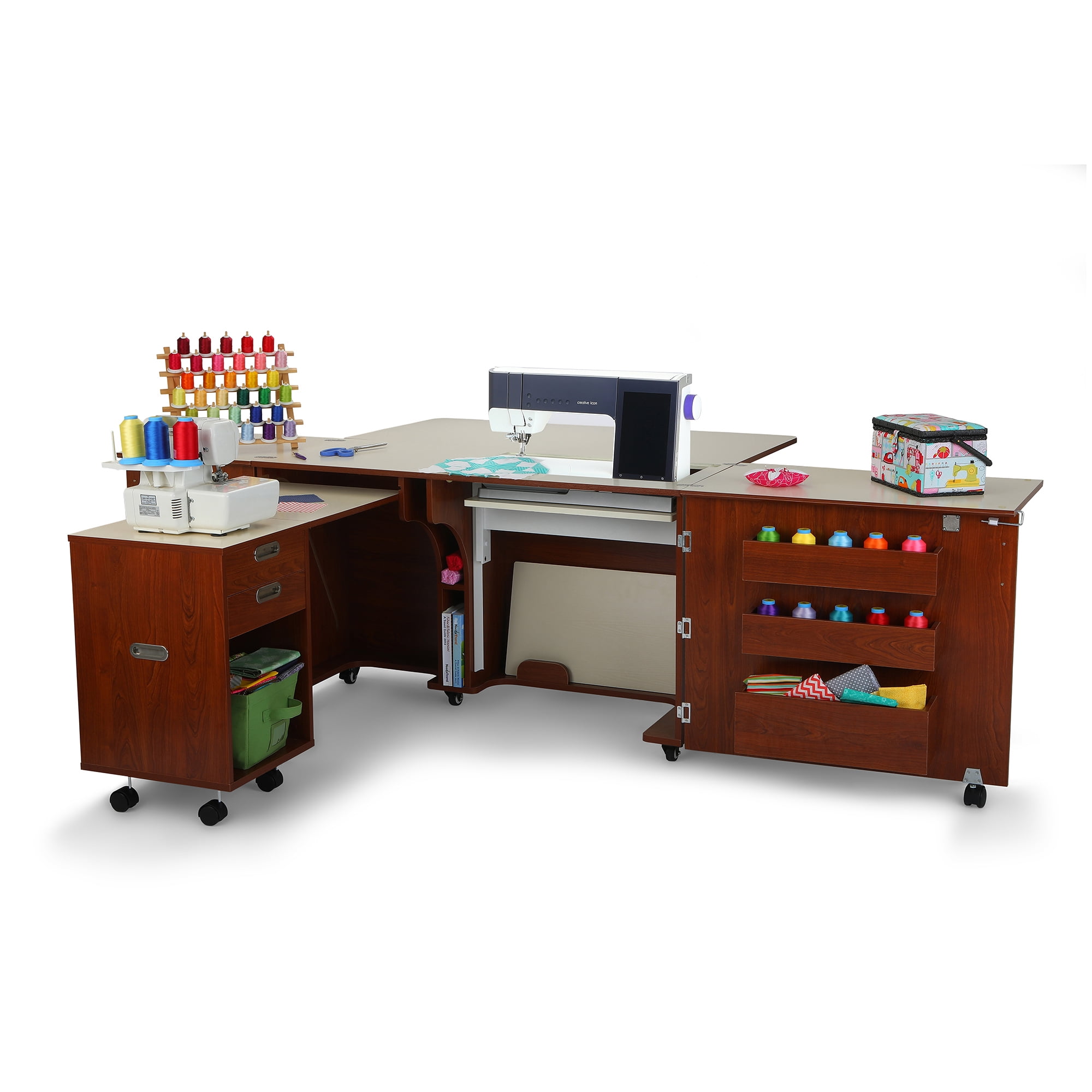 Teak Full-Size Sewing Cabinet with Hydraulic Lift and Storage Caddy