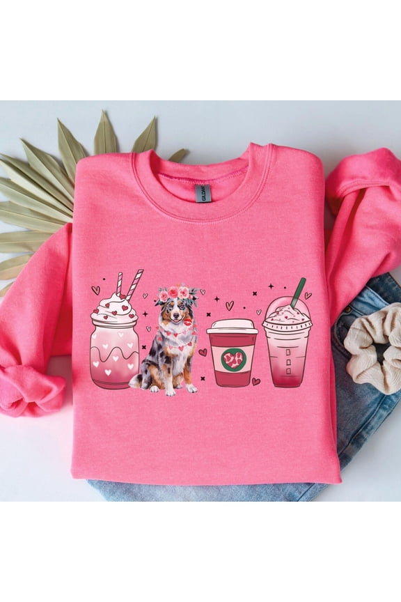 Aussie Valentines Day Sweatshirt, Coffee Australian Shepherd Sweater, Floral Vday Aussie Lover , Flower Red Merle Aussie Dog Crewneck