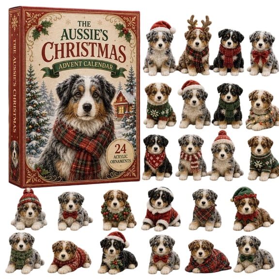 The Aussie's Christmas Advent Calendar, 24Pcs Acrylic Ornaments Countdown Calendar, Festive Australian Shepherd Puppy Hanging Decorations, Xmas Tree Pendant Gift for Aussie Dog Lovers