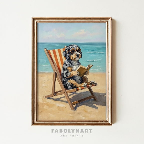 Aussiedoodle Reading Book Summer Beach House Funny Doodle Dog Gift for Book Lovers Poster Unframed Paper Print