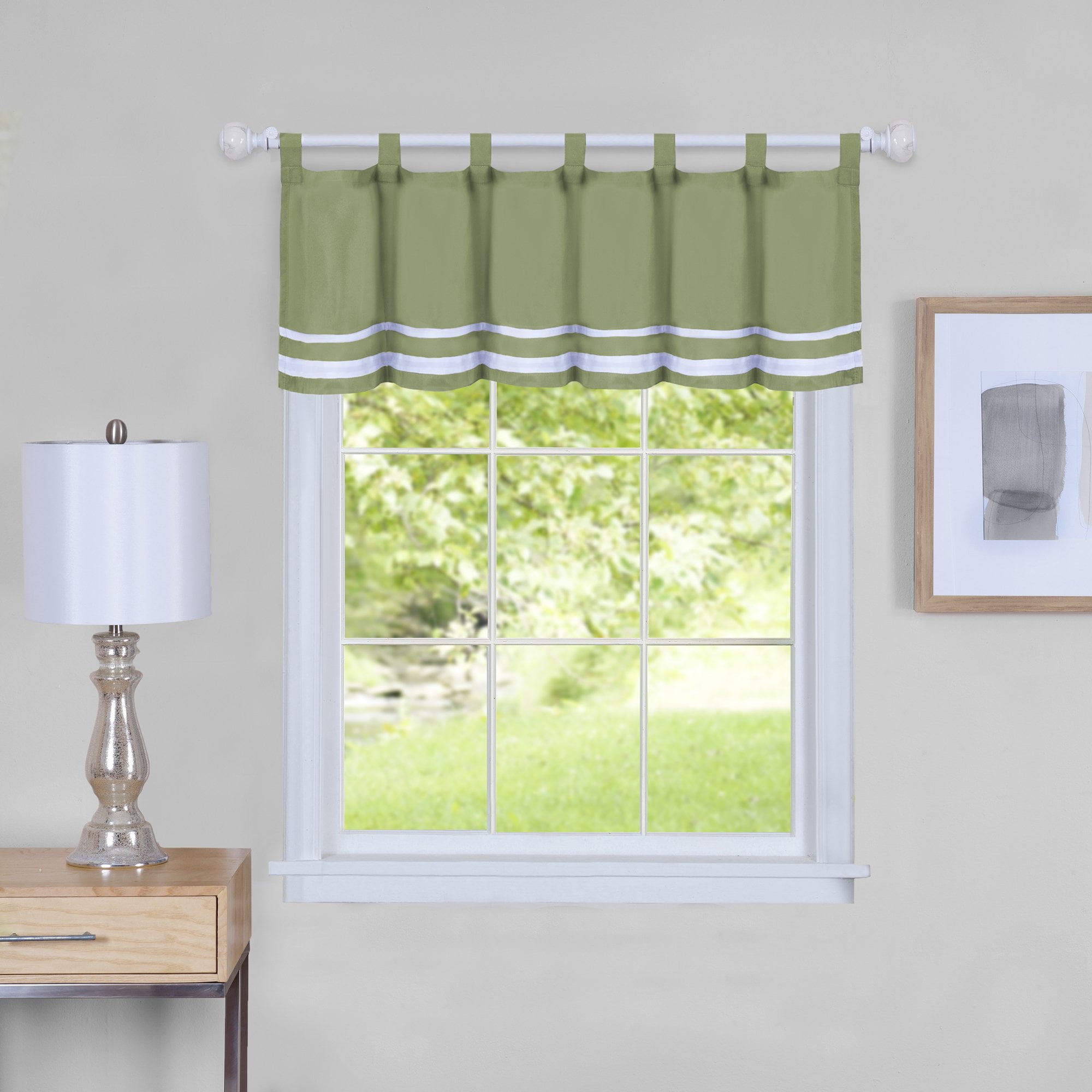 Green Sill Length Tab Top Tier Curtain Set with Valance