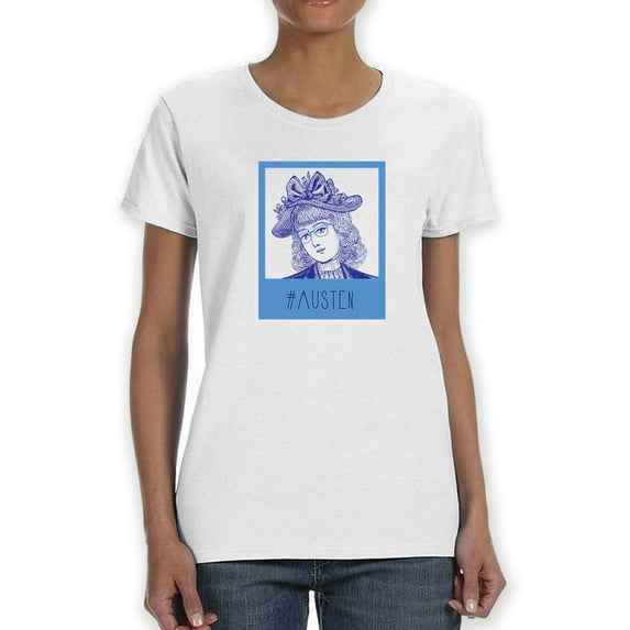 #Austen in Blue Frame Women White T-Shirt, Female Medium