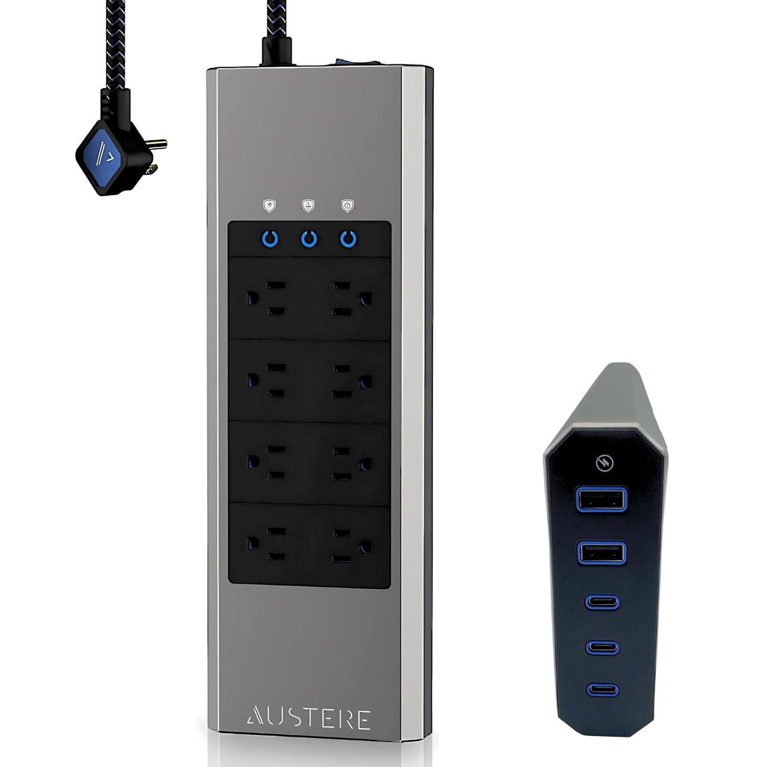 Brushed Aluminum 8-Outlet Power Strip with USB Ports