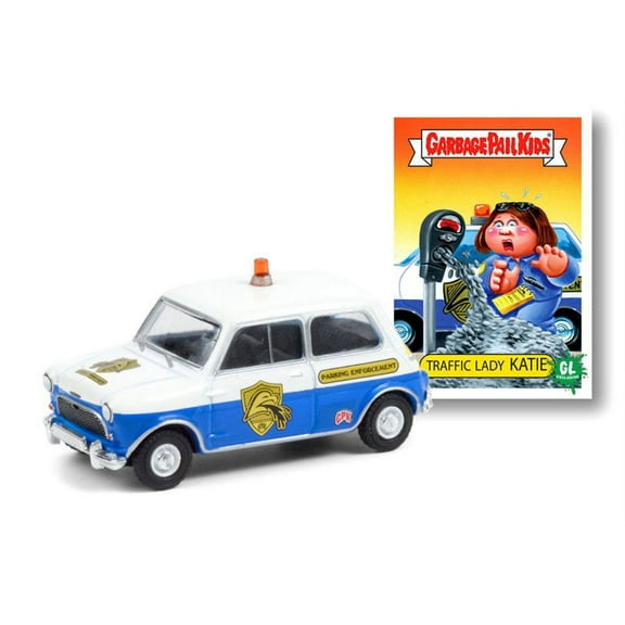 Austin 1962 Mini Cooper MkI - Traffic Lady Katie, White and Blue - Greenlight 54050F/48 - 1/64 scale Diecast Model Toy Car