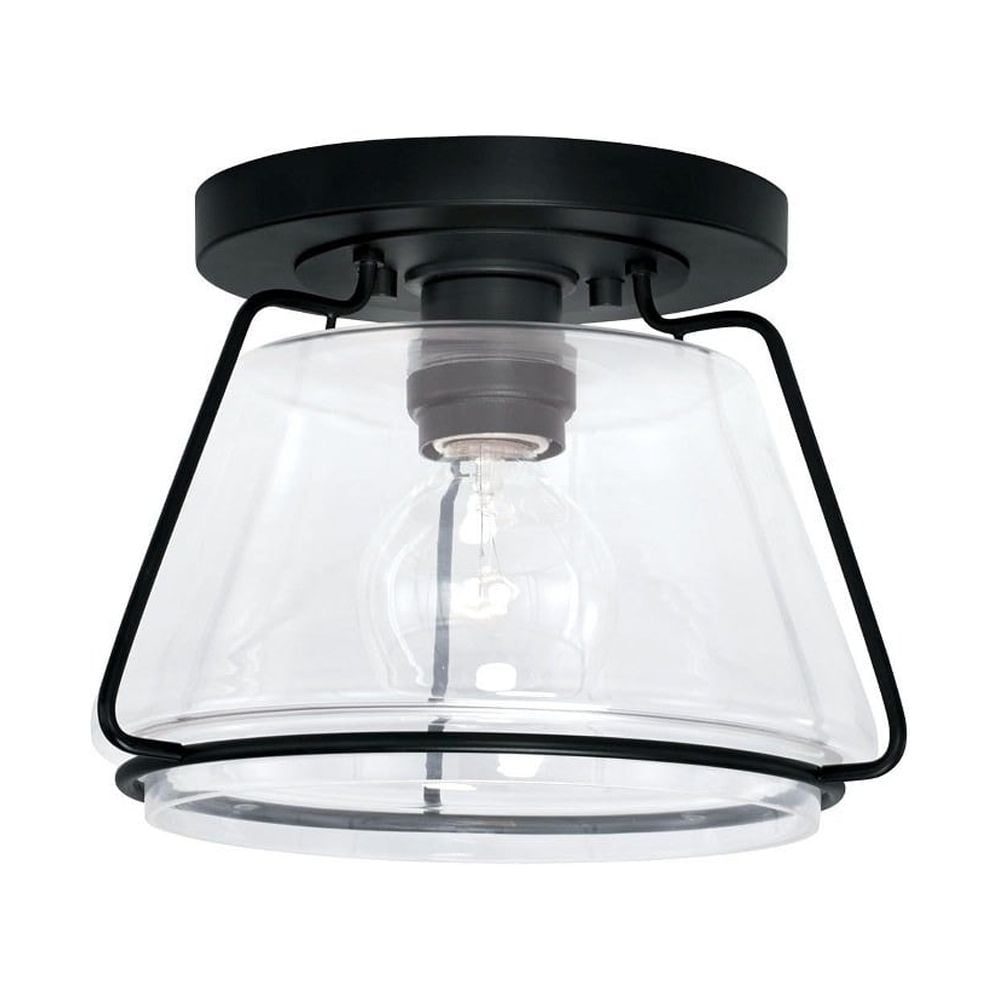 Vintage Lantern-Inspired Matte Black and Clear Glass 1-Light Flush Mount