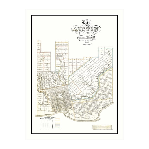 Austin Art, 1850 Vintage Map of Austin Texas, TX History Wall Decor Gift, Old Austin Map - 18" x 24" Unframed Print