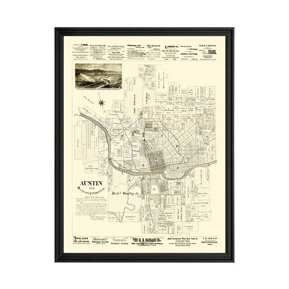 Austin Art, 1891 Vintage Map of Austin Texas, TX History Wall Decor Gift, Old Austin Map - 24" x 36" Black Framed Print