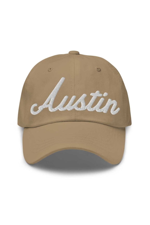 Austin Baseball Cap Austin Dad Hat Bold Script Ohio OH Hat Embroidered Souvenir Gift Khaki
