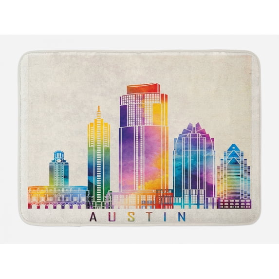 Austin Bath Mat, Outlined Monuments Skylines of Texas Blended Rainbow Watercolor Ink Splatter Art, Plush Bathroom Decor Mat with Non Slip Backing, 29.5" X 17.5", Multicolor, by Ambesonne