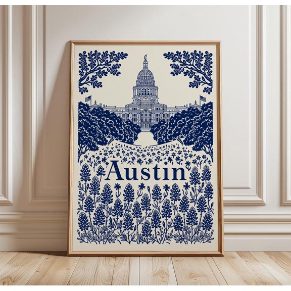 Austin Blue Botanical Capitol Building Art Paper Print, Unframed Paper Print