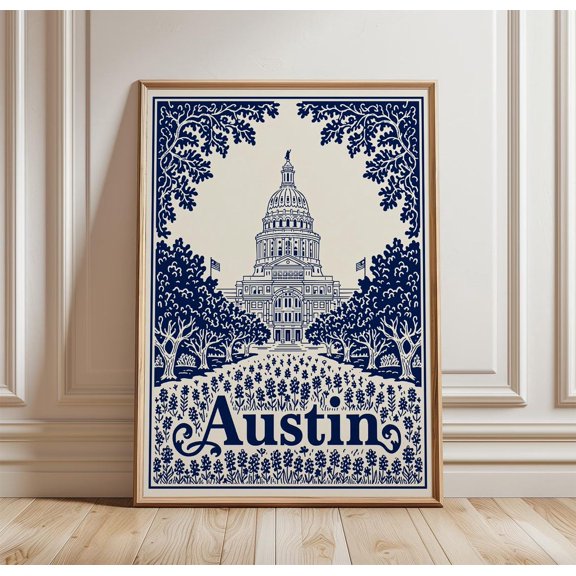 Austin Blue Botanical Capitol Building Art Paper Print, Unframed Paper Print