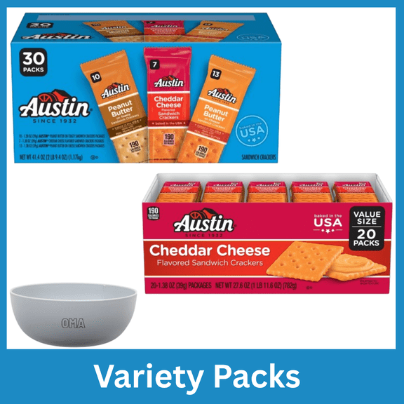 Austin Cheddar Cheese on Cheese Sandwich Crackers 20 Count & Austin Variety Pack Sandwich Crackers 30 Count Bundle with Free Bowl by OMA