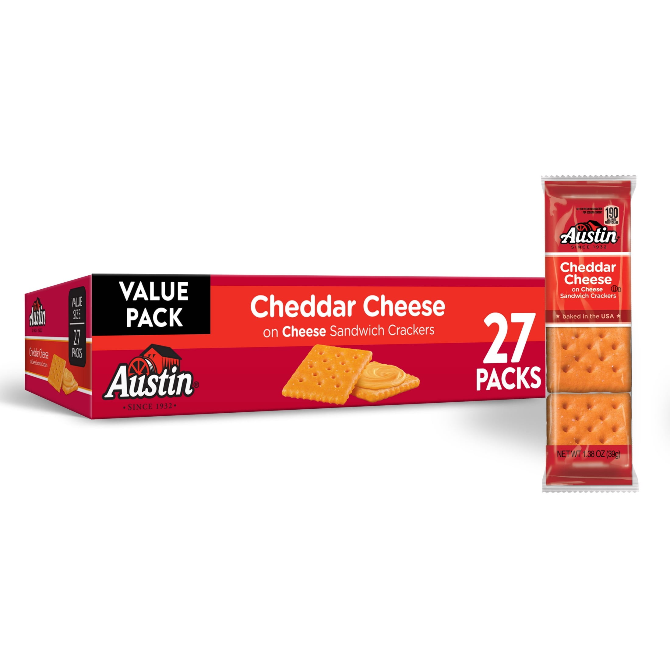 Austin Cheddar Cheese on Cheese Sandwich Crackers, Single Serve Snack Crackers, 27 Count
