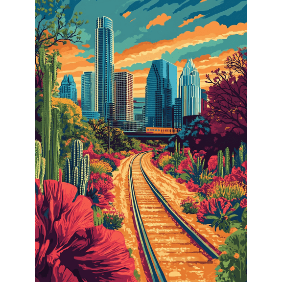 Austin Cityscape Train Tracks Canvas Painting Suitable for Living Room Bedroom Office Waiting Room and Hotel Decoration.