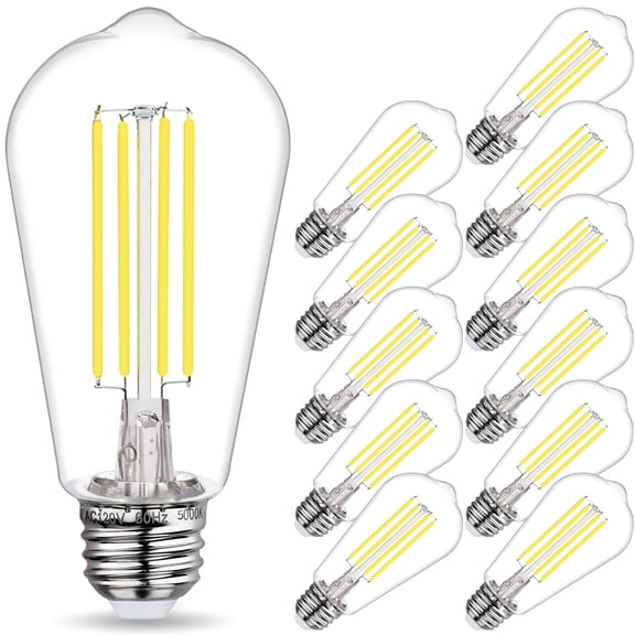 12Pack ST58 LED Edision Bulbs 60 Watt, Daylight White 5000K, E26 Base, Spiral Filament, Dimmable, Shatterproof