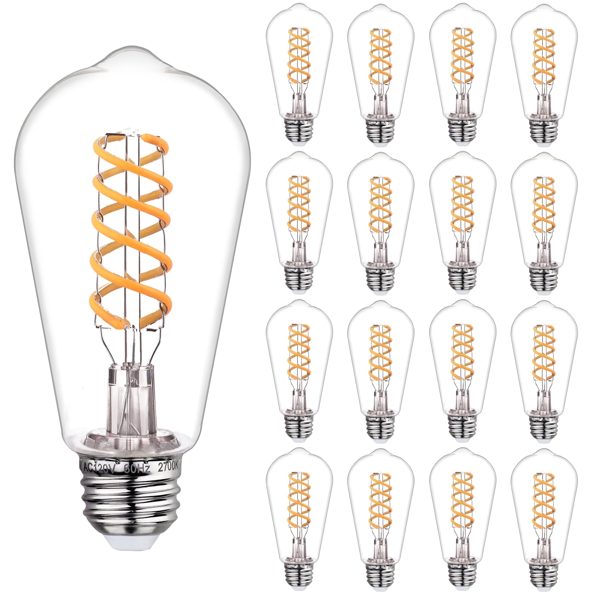 Austin Coast 16-Pack ST58 LED Bulbs, 6W (60W Equivalent), Warm White 2700K, E26 Base, Dimmable, Spiral Filament, Shatterproof