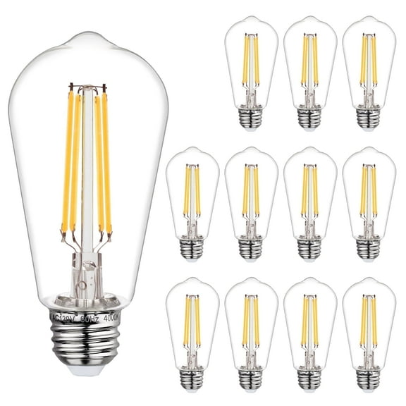 Austin Coast 12-Pack ST58 LED Bulbs, 6W (60W Equivalent), Warm White 2700K, E26 Base, Dimmable, 800 Lumens, Shatterproof