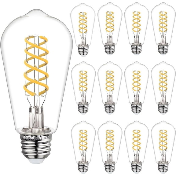 Austin Coast 12-Pack ST58 LED Bulbs, 6W (60W Equivalent), Bright White 4000K, E26 Base, Dimmable, Spiral Filament, Shatterproof
