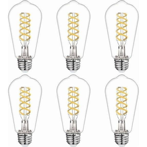 Austin Coast 6-Pack ST58 LED Bulbs, 6W (60W Equivalent), Bright White 4000K, E26 Base, Spiral Filament, Dimmable, Shatterproof