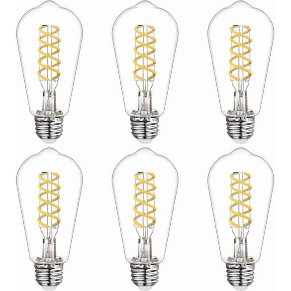 Austin Coast 6-Pack ST58 LED Bulbs, 6W (60W Equivalent), Bright White 4000K, E26 Base, Spiral Filament, Dimmable, Shatterproof