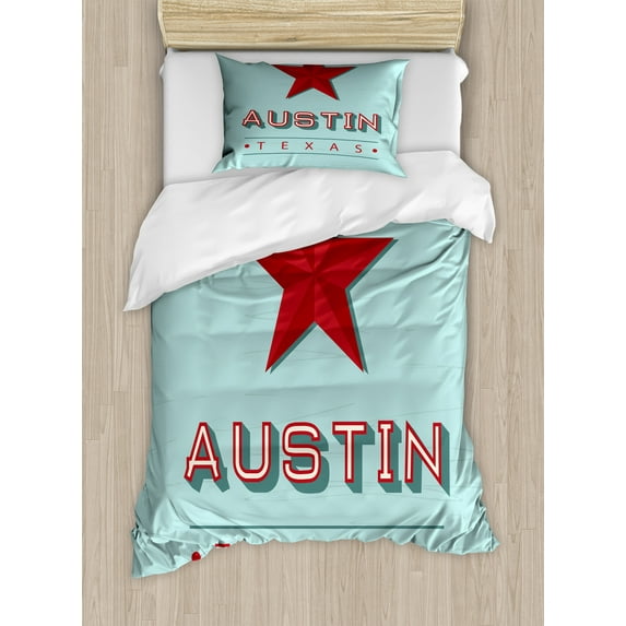 Austin Duvet Cover Set, Texas Wording with a Star State Country Symbolic Design, Decorative 2 Piece Bedding Set with 1 Pillow Shams, Twin Size, Ruby Pale Seafoam, by Ambesonne