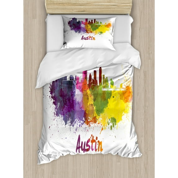 Austin Duvet Cover Set Twin Size, Texas Capital Skyline in Watercolor Splatters with Clipping Path White Outlined, 2 Piece Bedding Set with 1 Pillow Sham, Multicolor, by Ambesonne