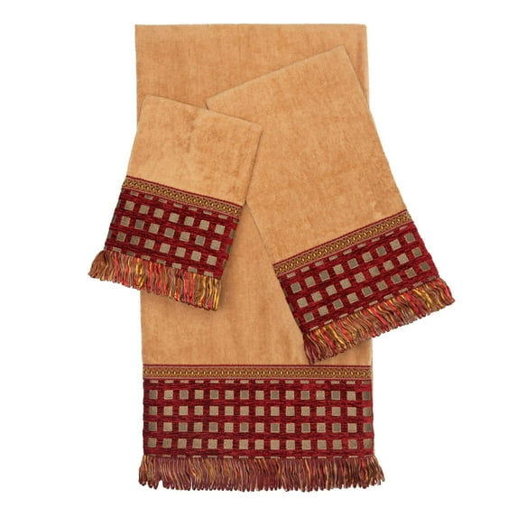 Austin Horn Classics Blockade 3-Piece Decorative Towel Set, with Jacquard Fabric & Looped Ribbon Fringe, Pure Cotton 1 Bath, Hand & Tip Towel, Extra Absorbent, Super Soft Bath Towels (Gold)