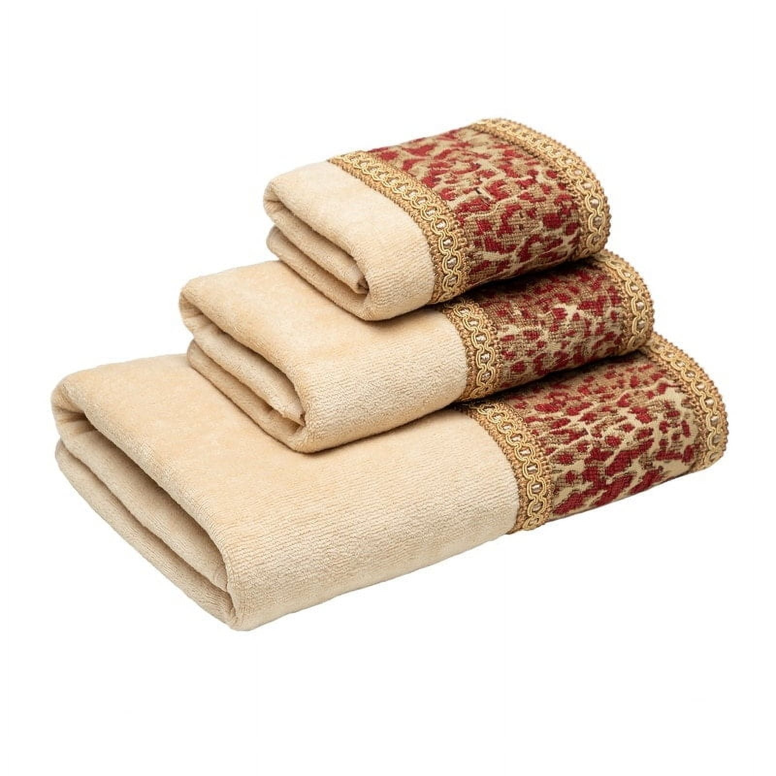Luxurious Light Gold and Red Cotton 3-Piece Decorative Towel Set