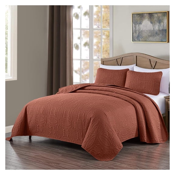 Austin King Bedspread Set 3-Piece Pinsonic Quilted Oversized Bedspread Coverlet Set, King, Terracotta
