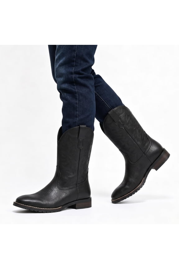 Men's Classic Square Toe Cowboy Boots, Embroidered Western Work Boots with Slip-Resistant Rubber Sole for Ranch & Casual Wear