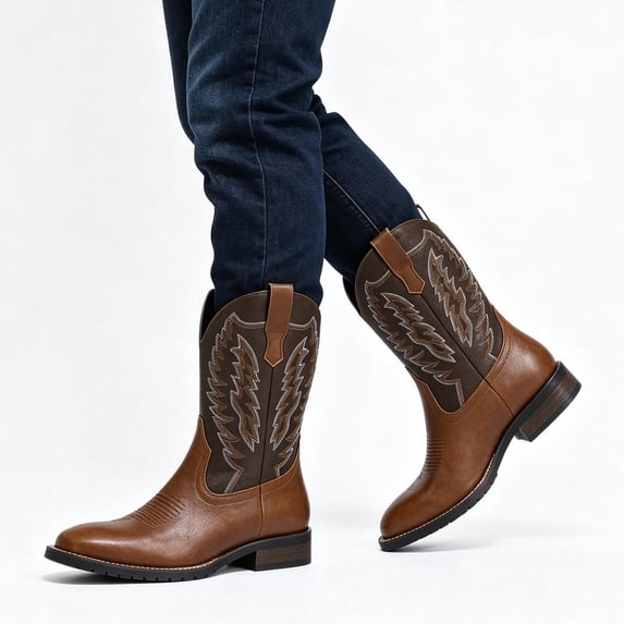 AUSTIN MILL Men's Classic Square Toe Cowboy Boots, Embroidered Western Work Boots with Slip-Resistant Rubber Sole for Ranch & Casual Wear