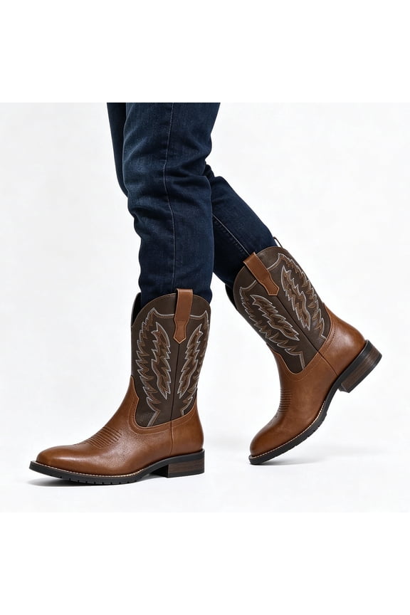 Men's Classic Square Toe Cowboy Boots, Embroidered Western Work Boots with Slip-Resistant Rubber Sole for Ranch & Casual Wear