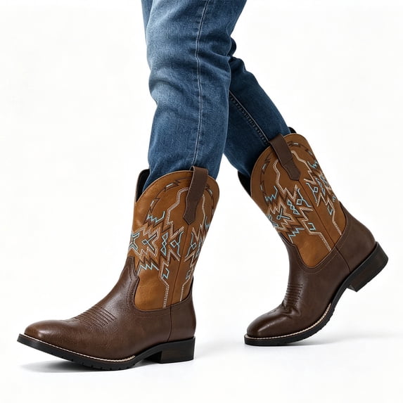 AUSTIN MILL Men's Classic Square Toe Cowboy Boots, Embroidered Western Work Boots with Slip-Resistant Rubber Sole for Ranch & Casual Wear