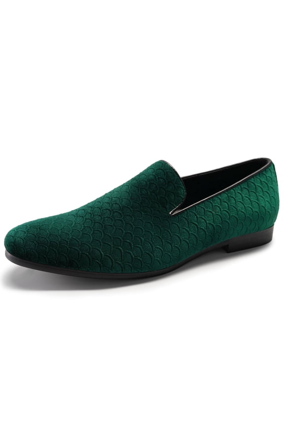 Men's Velvet Loafers Slip On Dress Shoes, Embossed Scale Texture Smoking Slippers, Lightweight Breathable Tuxedo Shoes for Wedding Prom