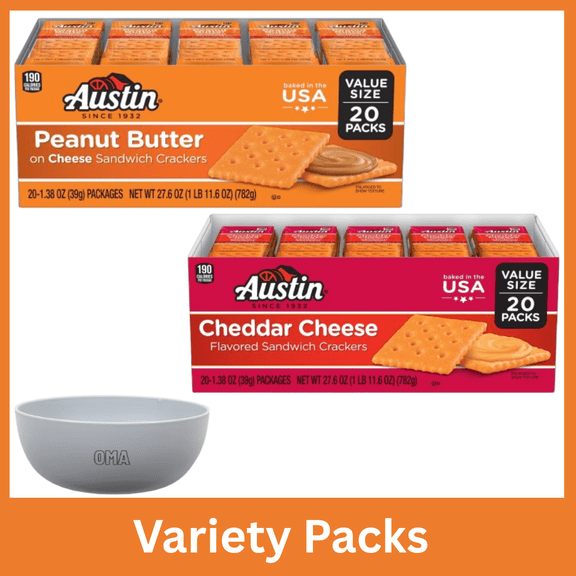 Austin Peanut Butter on Cheese Sandwich Crackers 20 Count & Austin Cheddar Cheese on Cheese Sandwich Crackers 20 Count Variety Pack Bundle with Free Bowl by OMA
