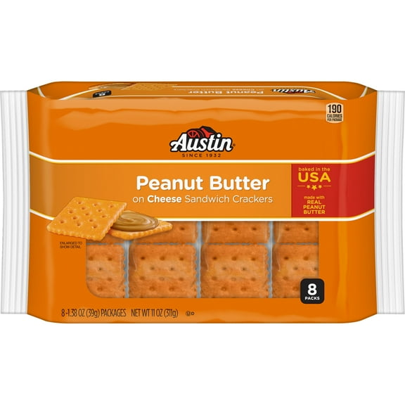 Austin Peanut Butter on Cheese Sandwich Crackers, Single Serve Snack Crackers, 8 Count
