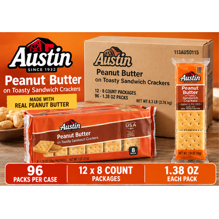 Austin Peanut Butter on Toasty Sandwich Crackers, 1.38 oz Packs, 96 Count Case